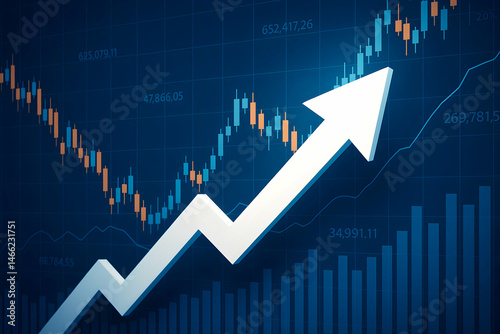 Growing financial graph with upward trend arrow.