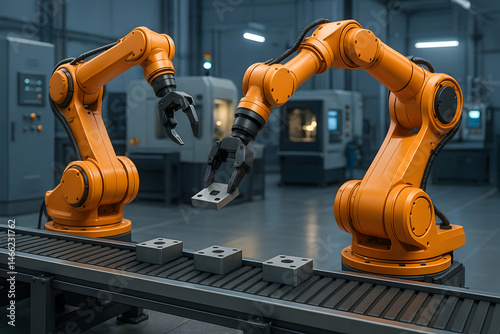 Obraz na płótnie Industrial robotic arms handling products. w salonie