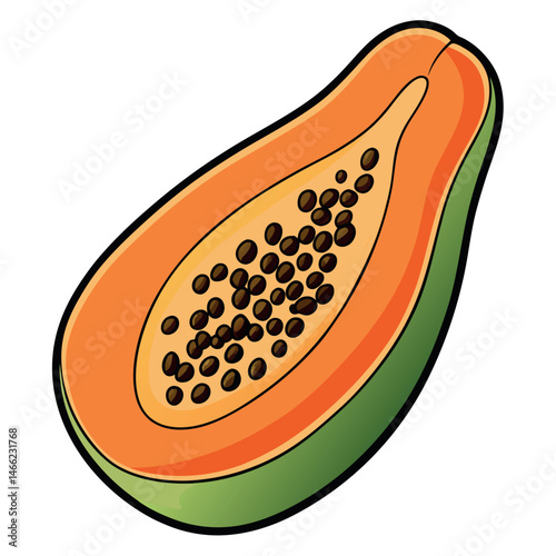 A vibrant papaya slice with dark seeds displays its orange flesh against a white background