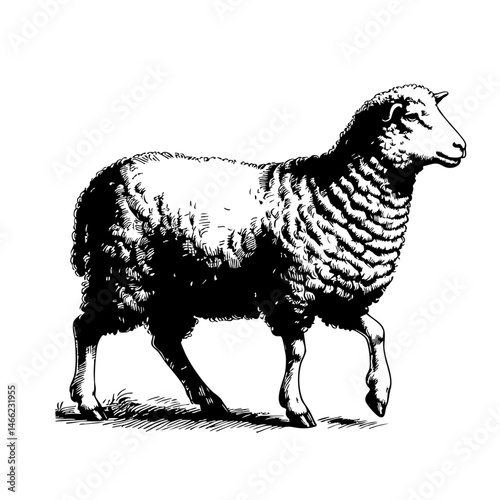 Vintage black and white ink illustration of a sheep walking calmly, isolated on white background, rustic countryside farm style, detailed classic sketch.