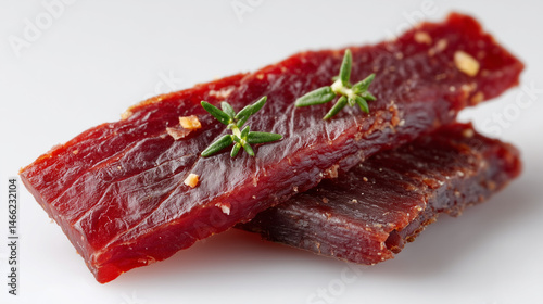 Delicious beef jerky with rosemary: The image features two strips of savory beef jerky artfully presented, delicately adorned with sprigs of fragrant rosemary