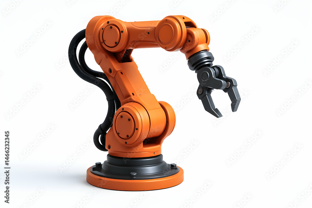 Orange robotic arm for industrial automation.