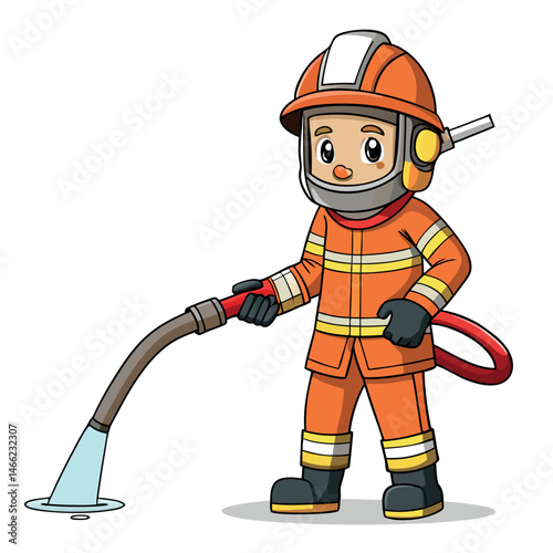 Cartoon firefighter in uniform uses a hose that shoots water to the ground