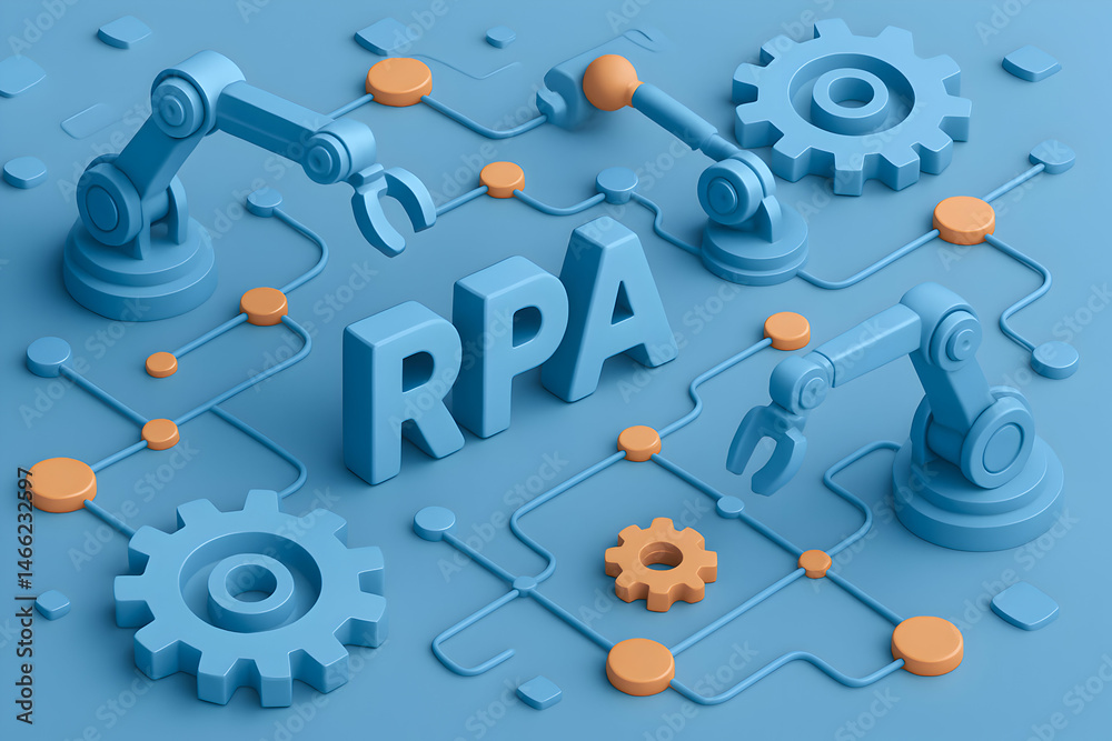 RPA automation with robotic arms and gears.