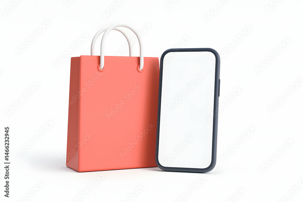 Smartphone next to shopping bag for online purchase.