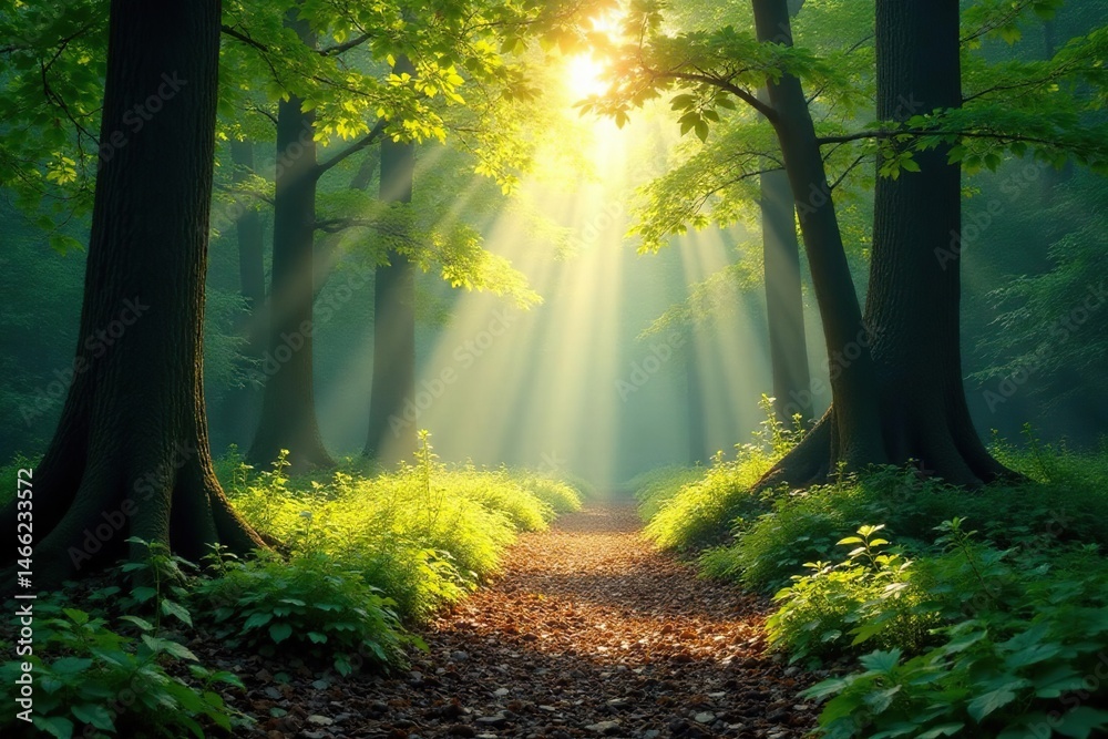 Fototapeta premium Sunlight dappling forest floor, leaves swaying gently , air, shade, tranquil