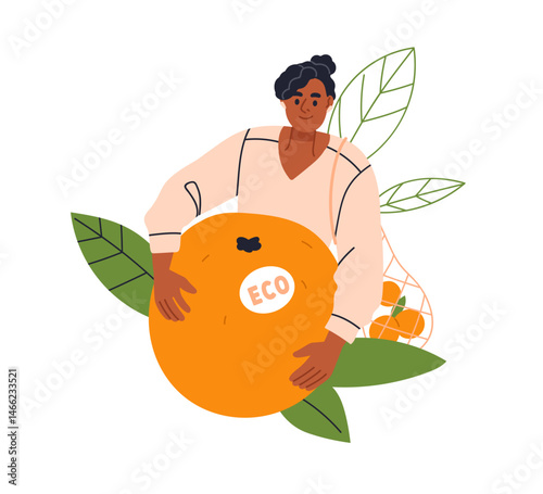 Eco labelled food, natural organic grocery shopping concept. Woman holding or...