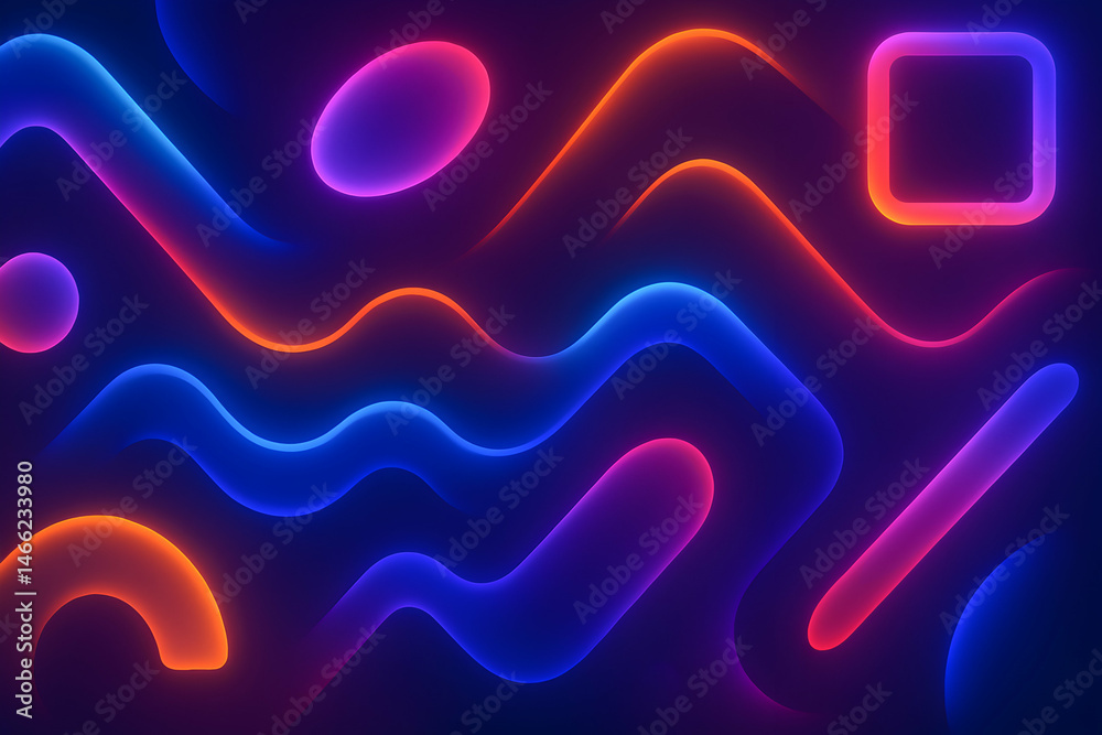 Vibrant geometric neon shapes on dark background.
