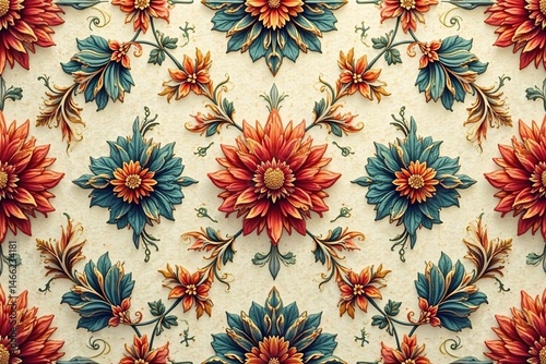 Repetitive floral motif with intricate details in warm tones for interior use , flower, decorative, surface pattern
