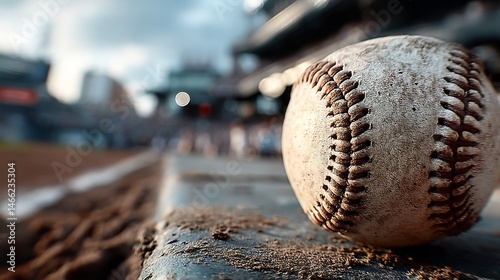 Worn Baseball on Dugout Bench with Stadium Blurred.
