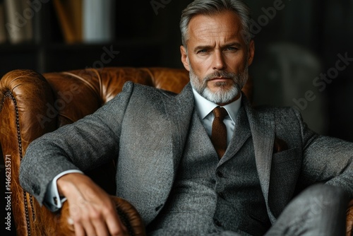A mature, distinguished gentleman in a grey suit sits confidently in a leather armchair.