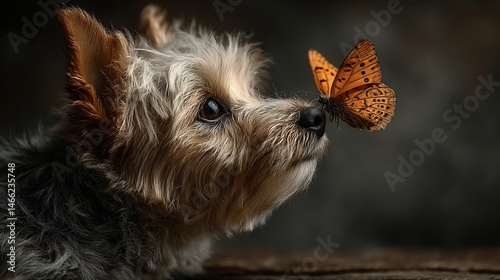Obraz na płótnie Yorkshire Terrier Puppy Butterfly Gentle Moment. w salonie