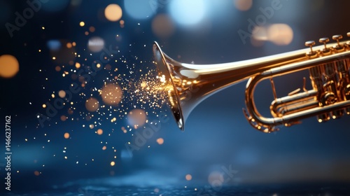 Abstract design of trumpet forming with glowing particles and trails