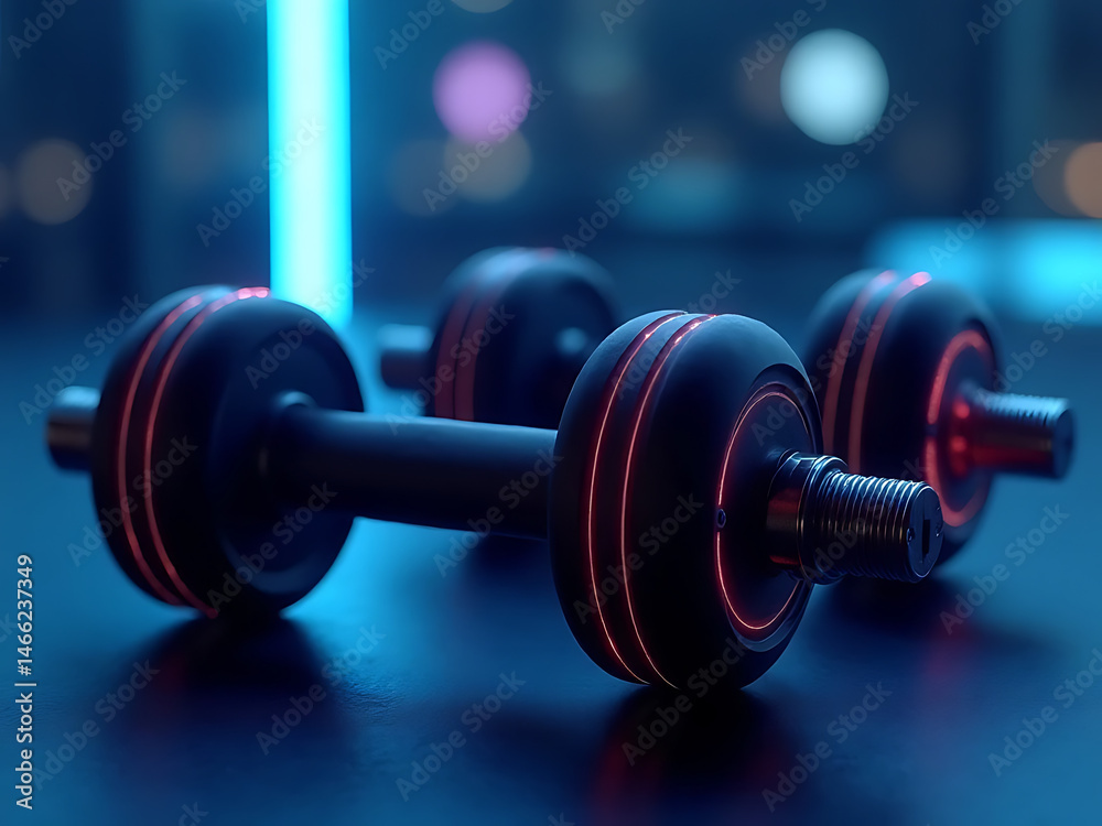 Fitness training action dumbbells in a modern gym close-up view dynamic neon environment Fitness training action dumbbells in a modern gym close-up view dynamic neon environment