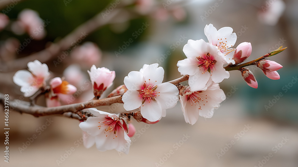 Obraz premium Spring Blossom: A close-up of delicate almond blossoms in full bloom, showcasing soft pink petals and intricate details, heralding the beauty and renewal of springtime.