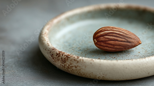 The Essence of Almonds: A macro shot of a single almond, nestled within a rustic ceramic dish, epitomizing simplicity and purity, captured in a moment of calm elegance. 