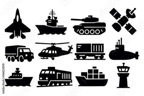 Military Vehicles Icons Jet Tank Ship Helicopter Submarine Radar Art