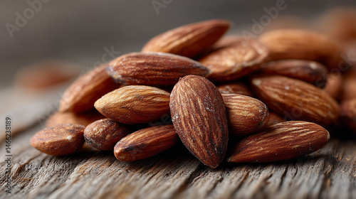 Roasted Almonds on Rustic Wood: A close-up shot of a pile of roasted almonds resting on a rustic wooden surface.