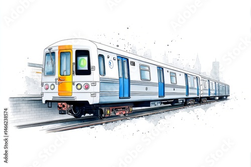 City Commuter Train Illustration - A stylized illustration of a modern commuter train on tracks, possibly in an urban setting. The train is predominantly white, with blue and orange accents