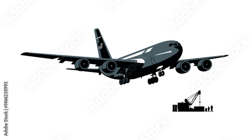 Cargo Aircraft Landing Airport Crew Vector Illustration