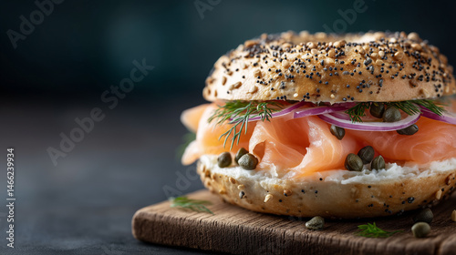 Artisan Bagel Delight: An appetizing bagel with smoked salmon and savory toppings, artfully presented on a rustic wooden board. A culinary masterpiece for food enthusiasts.