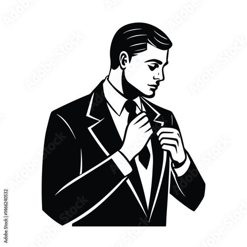 Elegant businessman in a black suit adjusting his tie in a stylish black and white illustration