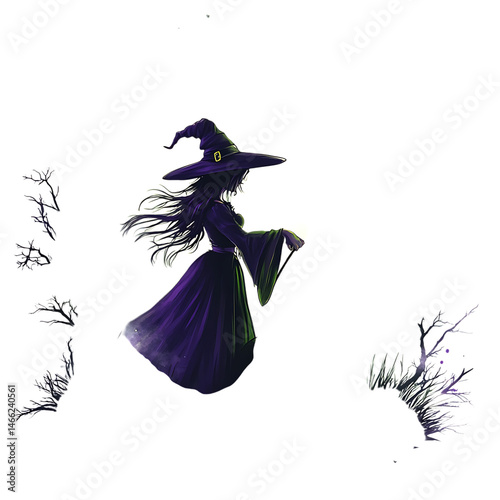 Cartoon Witch Flying with Broom Isolated on Transparent Background