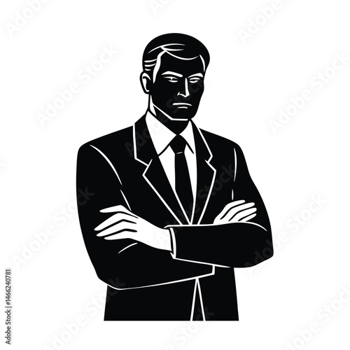 Black and white illustration of a confident businessman with arms crossed representing authority and success