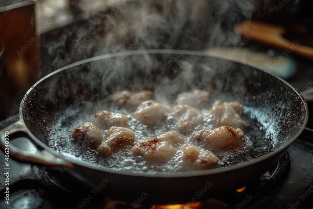Juicy chicken wings in a skillet, hot oil bubbling, spices on surface Juicy chicken wings in a skillet, hot oil bubbling, spices on surface