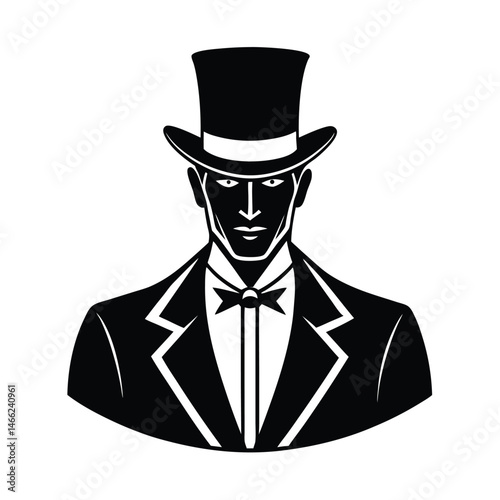Stylish gentleman in a top hat and tuxedo portrayed in a minimalist black and white vector graphic