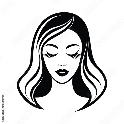 Elegant beauty illustration of a woman with long lashes and flowing hair in a minimalist black and white style