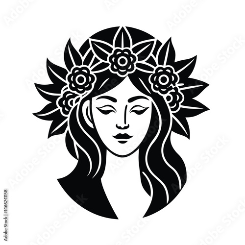 Elegant black and white illustration of a woman adorned with a floral wreath depicting serenity and beauty