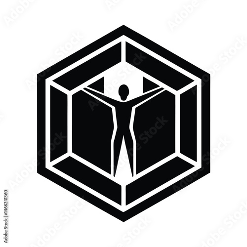 Symbolic representation of human figure inside a hexagon depicting control or spatial constraints in black and white