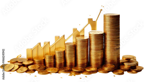 Growing Bar Chart with Stacked Gold Coins on White Background