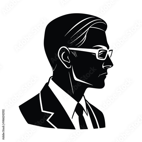Silhouette of a confident businessman wearing glasses in a formal suit against a clean white background