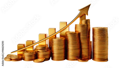 Growing Bar Chart with Stacked Gold Coins on White Background