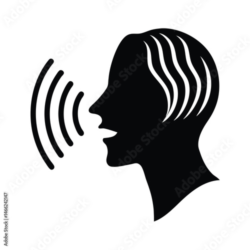 Black silhouette of a speaking human head communicating with sound waves emitting on white background