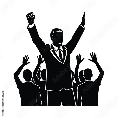 A triumphant leader raising fist and arms with supporters in a black and white illustration