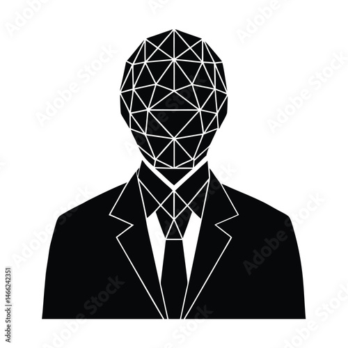 An abstract black and white geometric illustration of a man in a suit with a polygonal shaped head