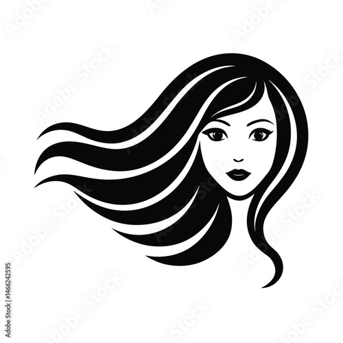 Elegant black and white vector illustration of a beautiful woman with flowing hair for beauty concepts