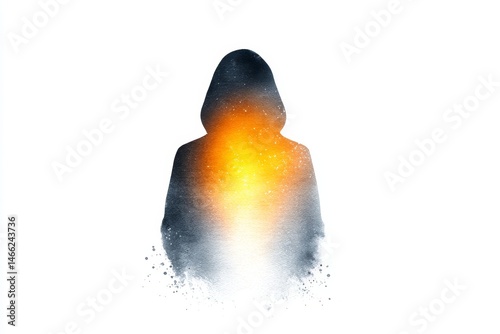 Inner Light Silhouette - A hooded figure, radiating inner light, stands against a white background. Mysterious and ethereal, this evokes feelings of hope and potential