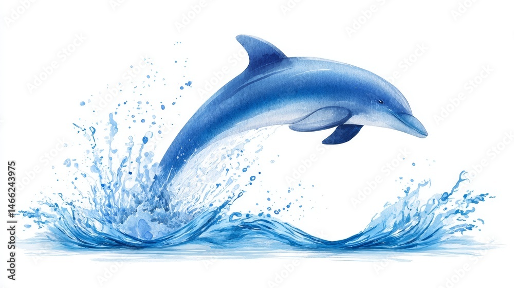 Obraz premium Leaping Dolphin Watercolor - A watercolor painting of a dolphin leaping from the ocean, symbolizing freedom, joy, grace, nature, and aquatic life