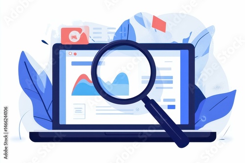 clear pixel picture of laptop computer with magnifying glass concept of search