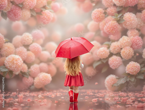 雨の中淡いピンクの沢山の紫陽花の花に向かって歩く赤い傘の女の子

