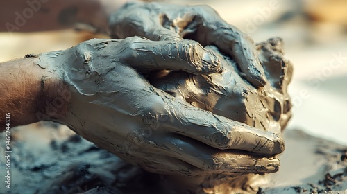 Sculptor’s Hands Covered in Clay: A sculptor's hands fully covered in moist clay, fingers gently massaging a raw piece into a recognizable shape. 
