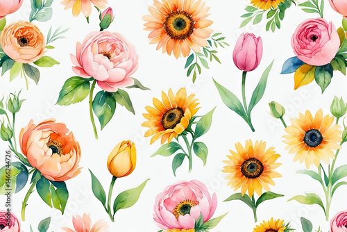 Delicate watercolor floral pattern with sunflowers tulips and peonies
