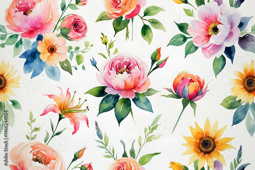 Delicate watercolor flower pattern with roses,peonies,lilies and sunflowers arrangement