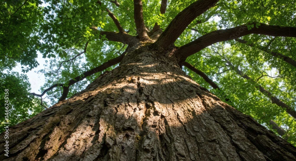 Naklejka premium AI image looking up the textured trunk of a large, mature tree towards its green leafy canopy against a bright sky.
