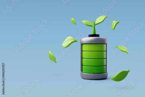 3d Vector Battery eco energy with green leaf, Green Energy, Clean Energy, Environmental Alternative Energy Concept.