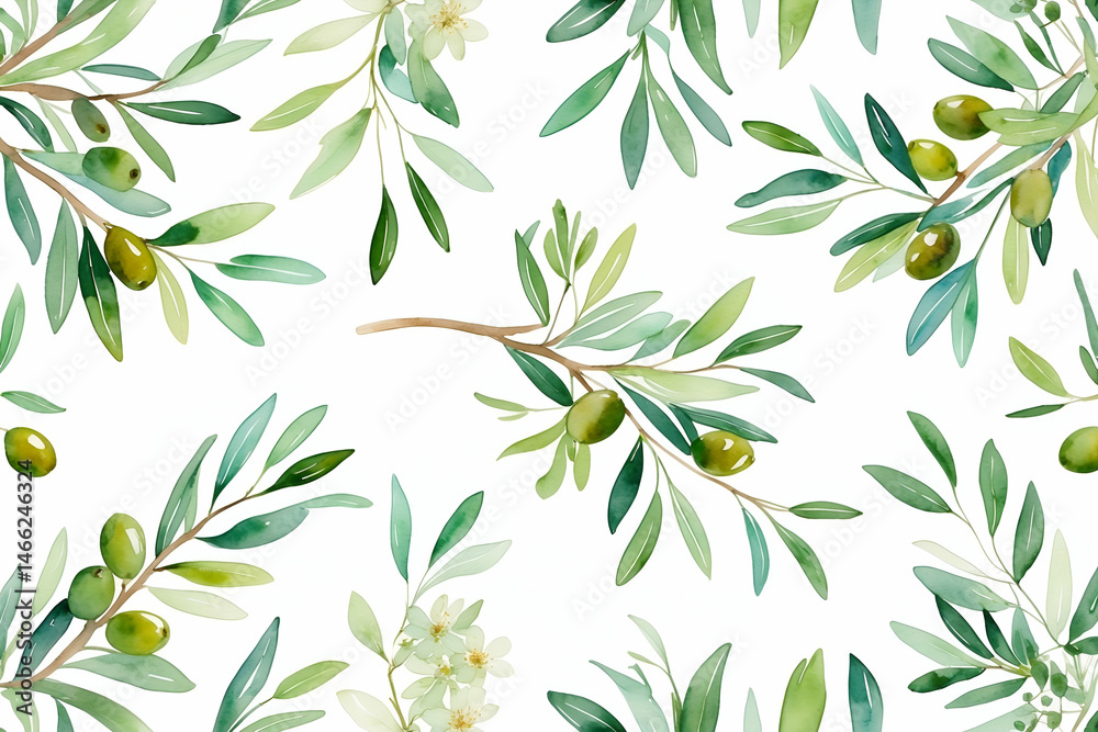 Elegant olive branch watercolor pattern design seamless background illustration Elegant olive branch watercolor pattern design seamless background illustration